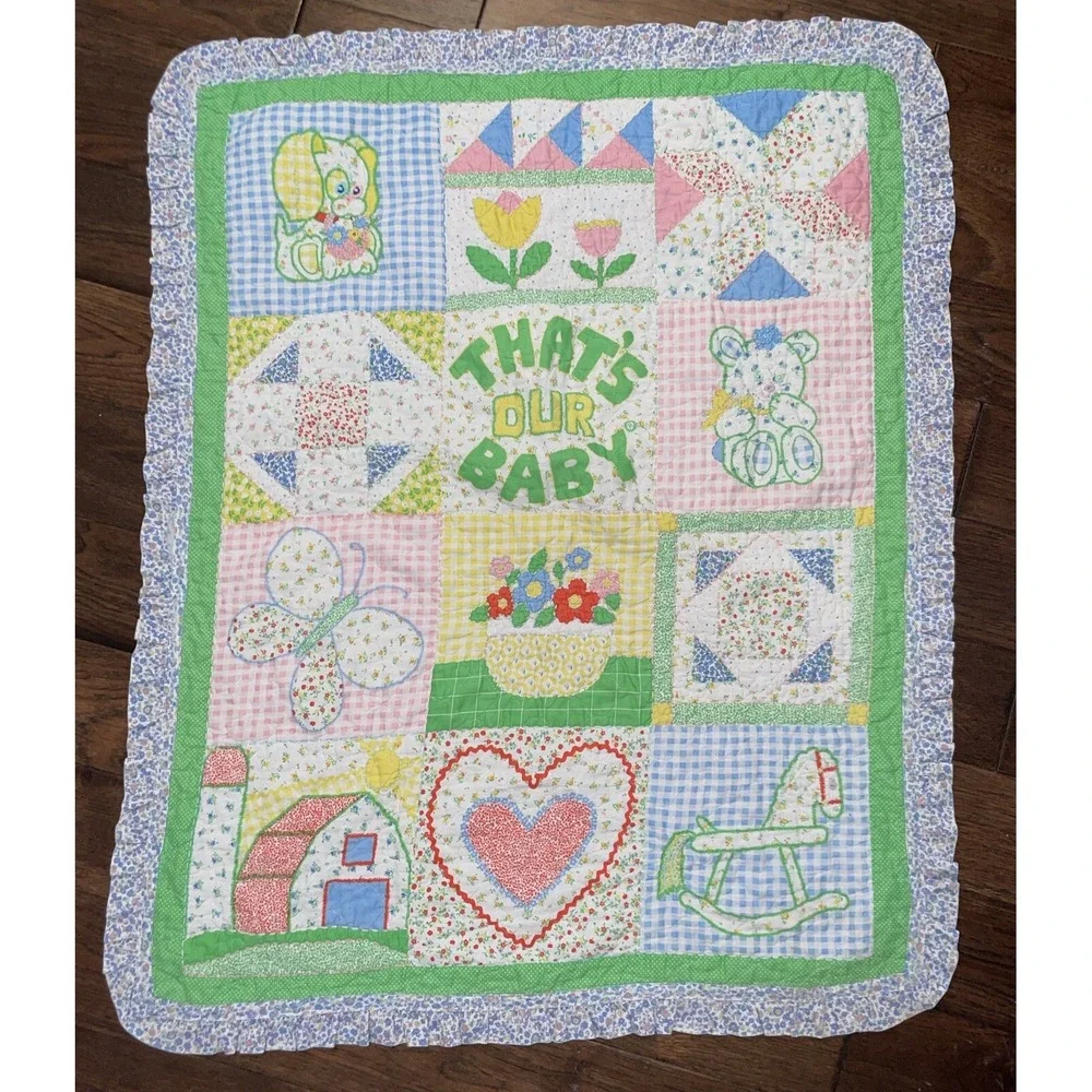 Vintage Baby Blanket Quilt‎ Thats Our Baby Handmade 37 x 47 Inches Ruffle Trim